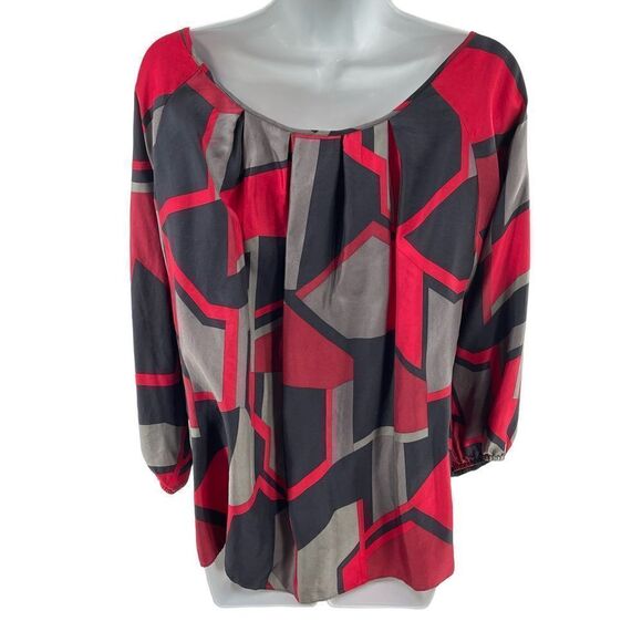 Anne Klein silk top blouse geometric print flowy Large pleated red gray grey bla - Picture 8 of 9